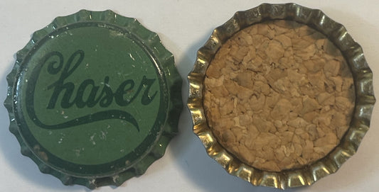 Two vintage bottle caps shown front and back: green cap with "Chaser" script lettering and gold-lined ridged cap with cork in