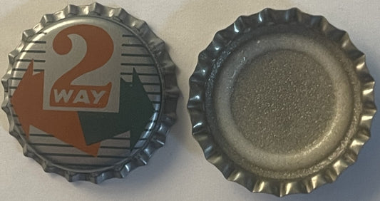 Vintage bottle cap shown front and back: obverse displays "2 WAY" logo in orange and black; reverse shows plain metal interio