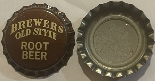 Brown and cream bottle cap with "BREWERS OLD STYLE ROOT BEER" text, shown front and back against white surface