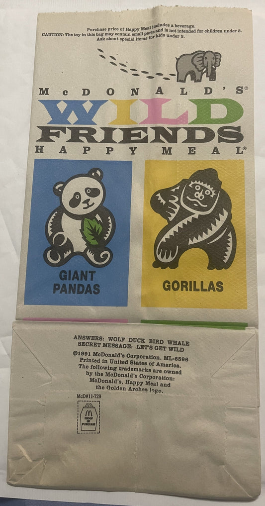 Vintage 1991 McDonald's Wild Friends Happy Meal bag showing Giant Pandas and Gorillas illustrations on blue and yellow panels