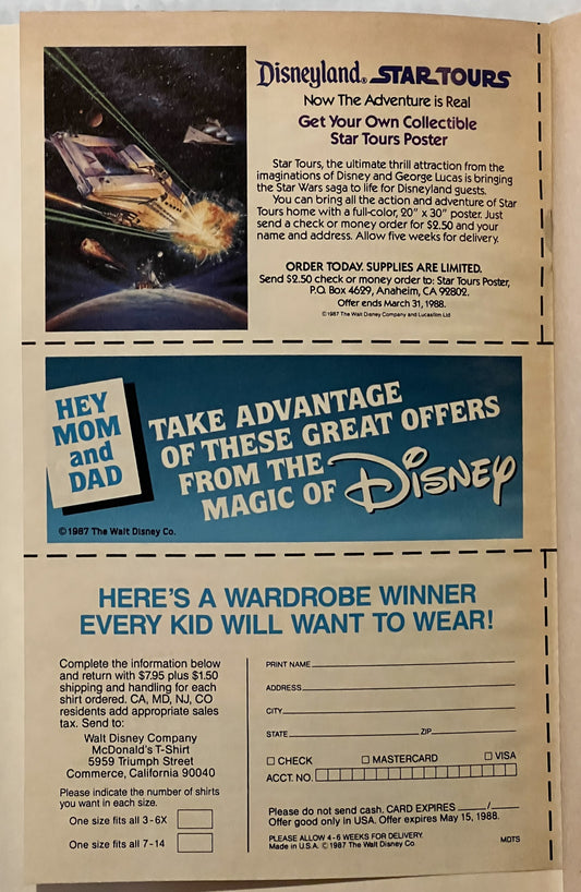Page from 1987 Disney activity book showing Star Tours poster offer, McDonald's t-shirt ad, and order form with pricing and p