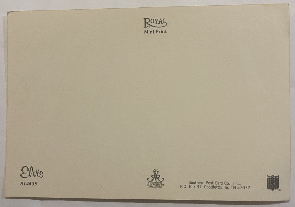 Back of vintage Elvis postcard showing Royal Mini Print logo, publisher info for Southern Post Card Co., and "Made in USA" ma