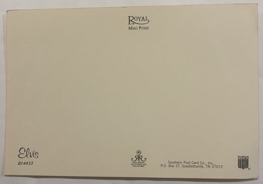 Back of vintage Elvis postcard showing Royal Mini Print logo, publisher info for Southern Post Card Co., and "Made in USA" ma