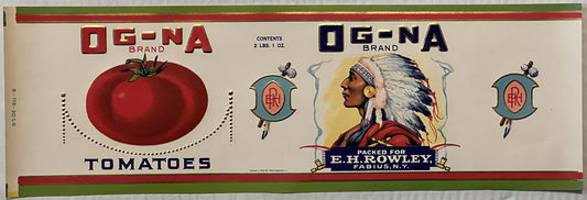 Vintage OG-NA brand tomato can label featuring a large red tomato on left, Native American chief profile on right, and shield