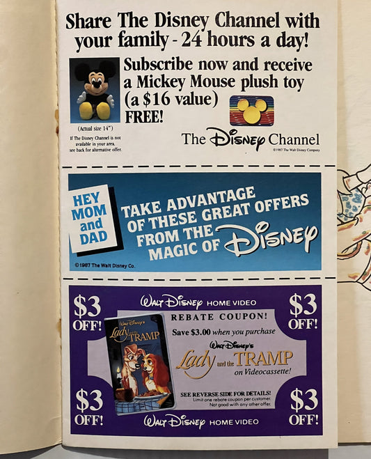 Vintage 1987 Disney promotional inserts featuring Mickey Mouse plush offer, Lady and the Tramp video rebate coupon, and chann