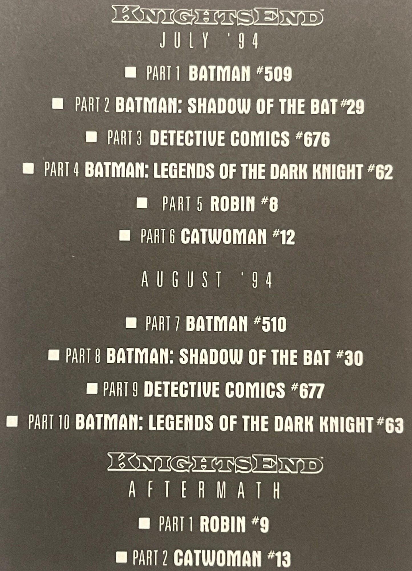 Gray postcard listing "Knightsend" Batman comic book crossover event from July-August 1994, with checkboxes and issue numbers