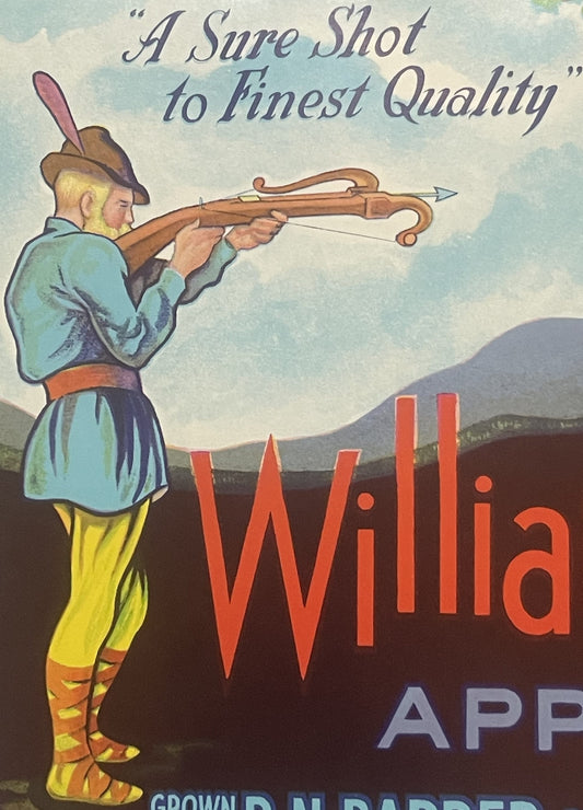 Vintage fruit crate label featuring a man aiming a crossbow, with "Willia" and "APP" text visible in red and blue lettering a