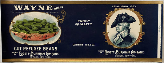 Antique Wayne Brand cut refugee beans label with gold-embossed border, green beans illustration, and colonial-era portrait on