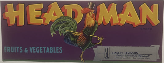 Vintage produce crate label with gold "Head Man" text, illustrated rooster wearing top hat on purple background, "Fruits & Ve