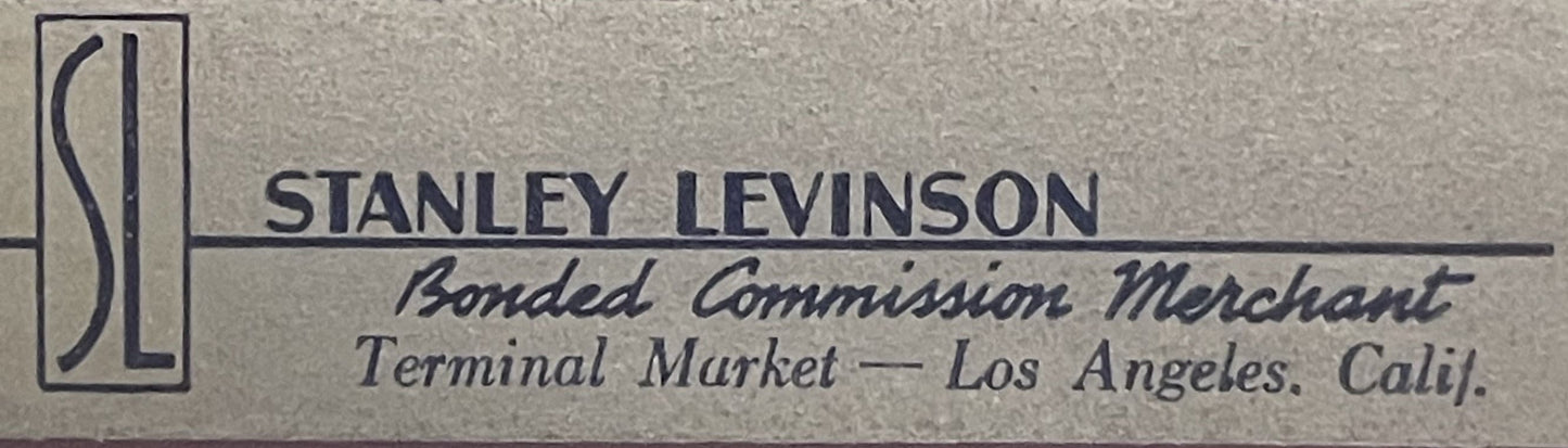 Vintage produce crate label for Stanley Levinson Bonded Commission Merchant, Terminal Market Los Angeles, with stylized "SL"