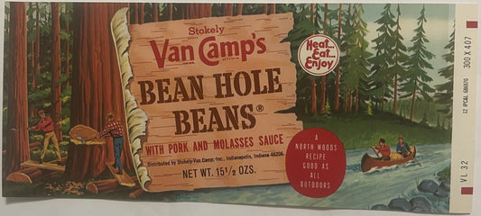 Vintage Van Camp's Bean Hole Beans label featuring woodsmen, tall redwoods, and a canoe on a forest river, net weight 15½ oz.