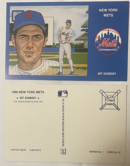 Vintage 1969 New York Mets postcard featuring Art Shamsky with portrait and full-body baseball illustration on blue backgroun