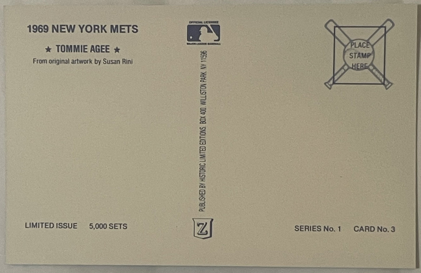 Back of vintage postcard featuring 1969 New York Mets Tommie Agee, cream-colored with MLB logo, text, and stamp placement box