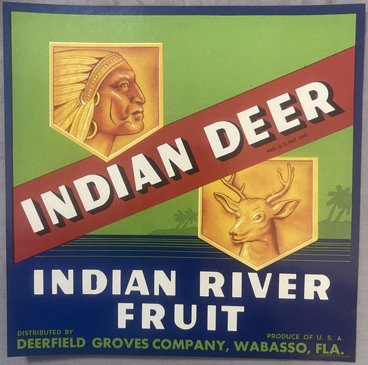 Vintage fruit crate label featuring Native American chief and deer head on green and blue background with red diagonal banner