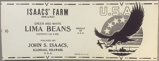 Vintage Isaac's Farm Brand lima bean can label from Ellendale, Delaware, featuring an eagle and stars design on cream