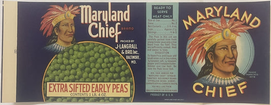 Vintage Maryland Chief Brand peas label showing Native American chief portrait, green peas, and product details from J. Langr