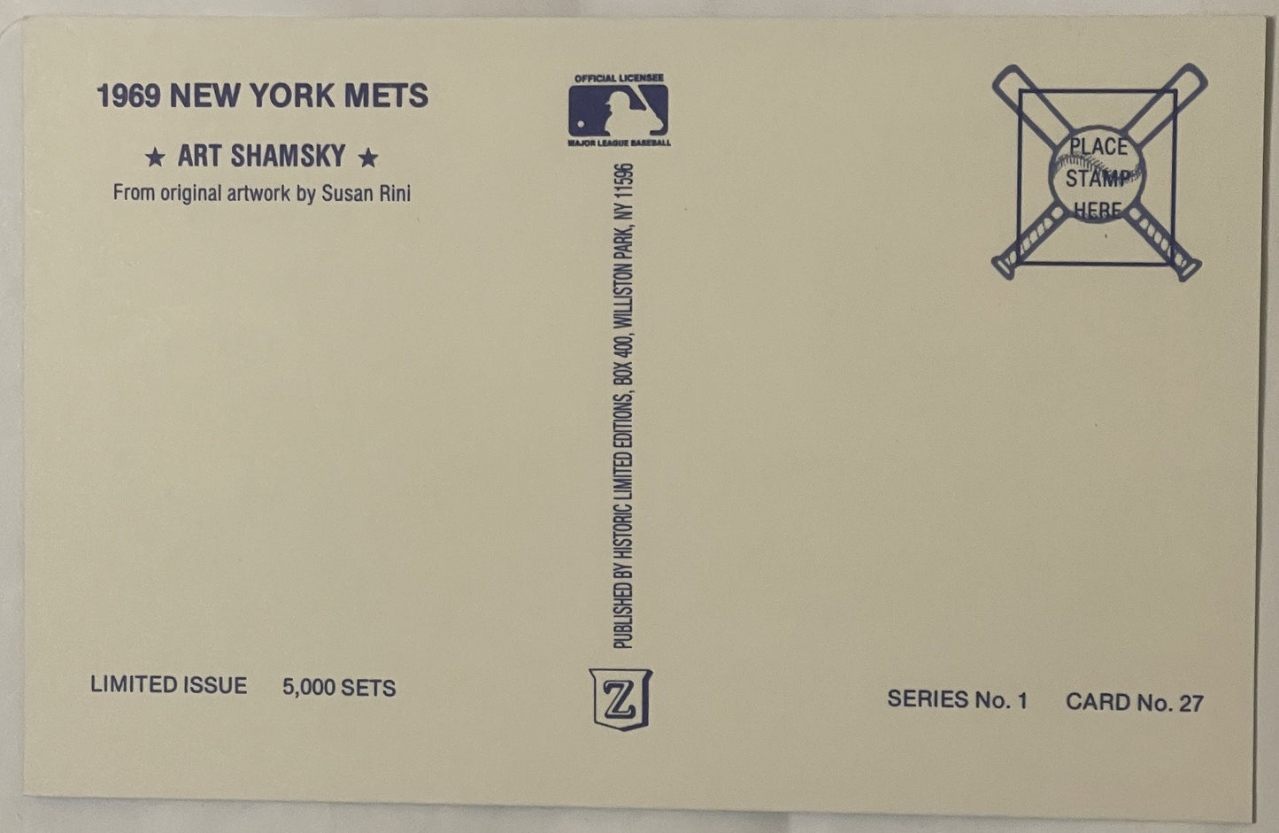 Reverse side of cream-colored postcard for 1969 Art Shamsky NY Mets card, Series No. 1 Card No. 27, limited to 5,000 sets, wi