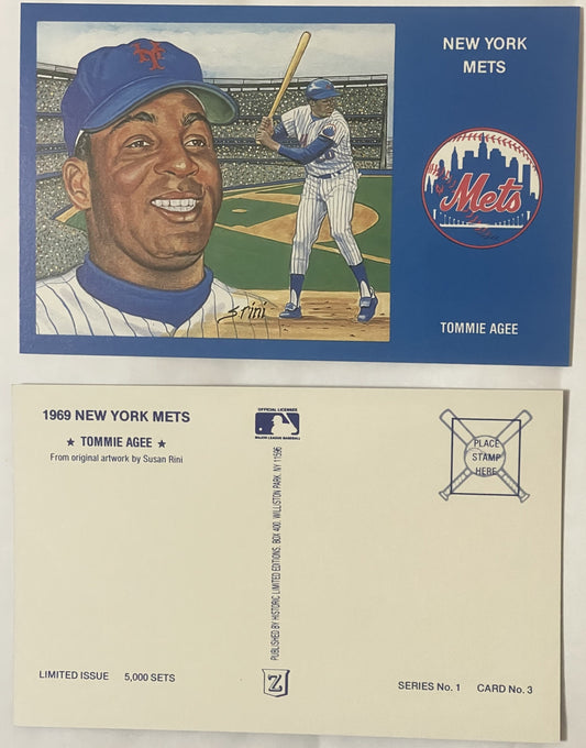 Vintage 1969 New York Mets postcard featuring Tommie Agee illustration by Susan Rini, front and back shown, limited issue 5,0