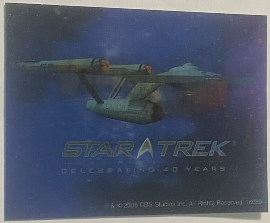 3D lenticular card showing USS Enterprise starship in space with "Star Trek Celebrating 40 Years" text and CBS Studios copyri