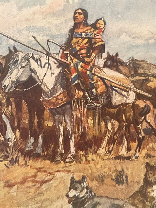 Native American woman on horseback carrying a child, wearing colorful patterned clothing, accompanied by dogs, 1970s art prin