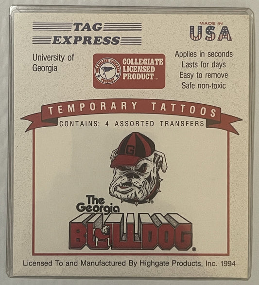 Sealed 1994 Tag Express temporary tattoo package for University of Georgia Bulldogs, featuring bulldog mascot logo in red