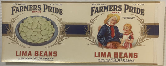 Two vintage Farmers Pride lima bean labels side-by-side, each 1 lb 4 oz, featuring wheat designs and one showing a bowl of be