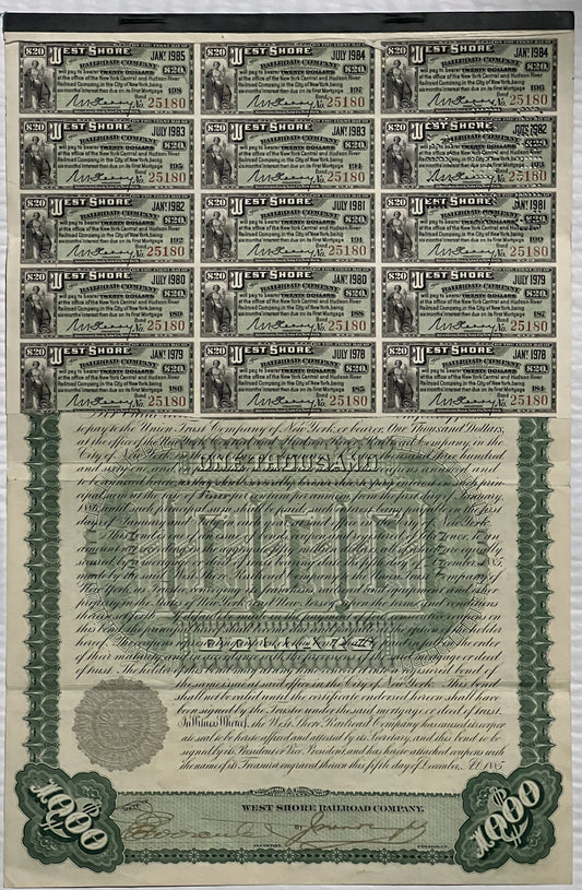 Antique West Shore Railroad $1,000 gold bond certificate with 15 dated coupons arranged in rows, ornate green border and seal