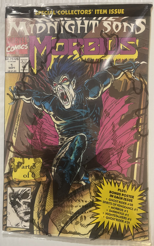 Factory-sealed 1992 Marvel Comics Morbius Living Vampire issue in clear plastic, featuring blue and pink artwork
