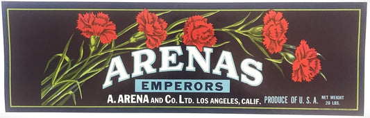 Vintage fruit crate label for Arenas Emperors with red carnations on dark background, Los Angeles producer mark, 28 lbs net w