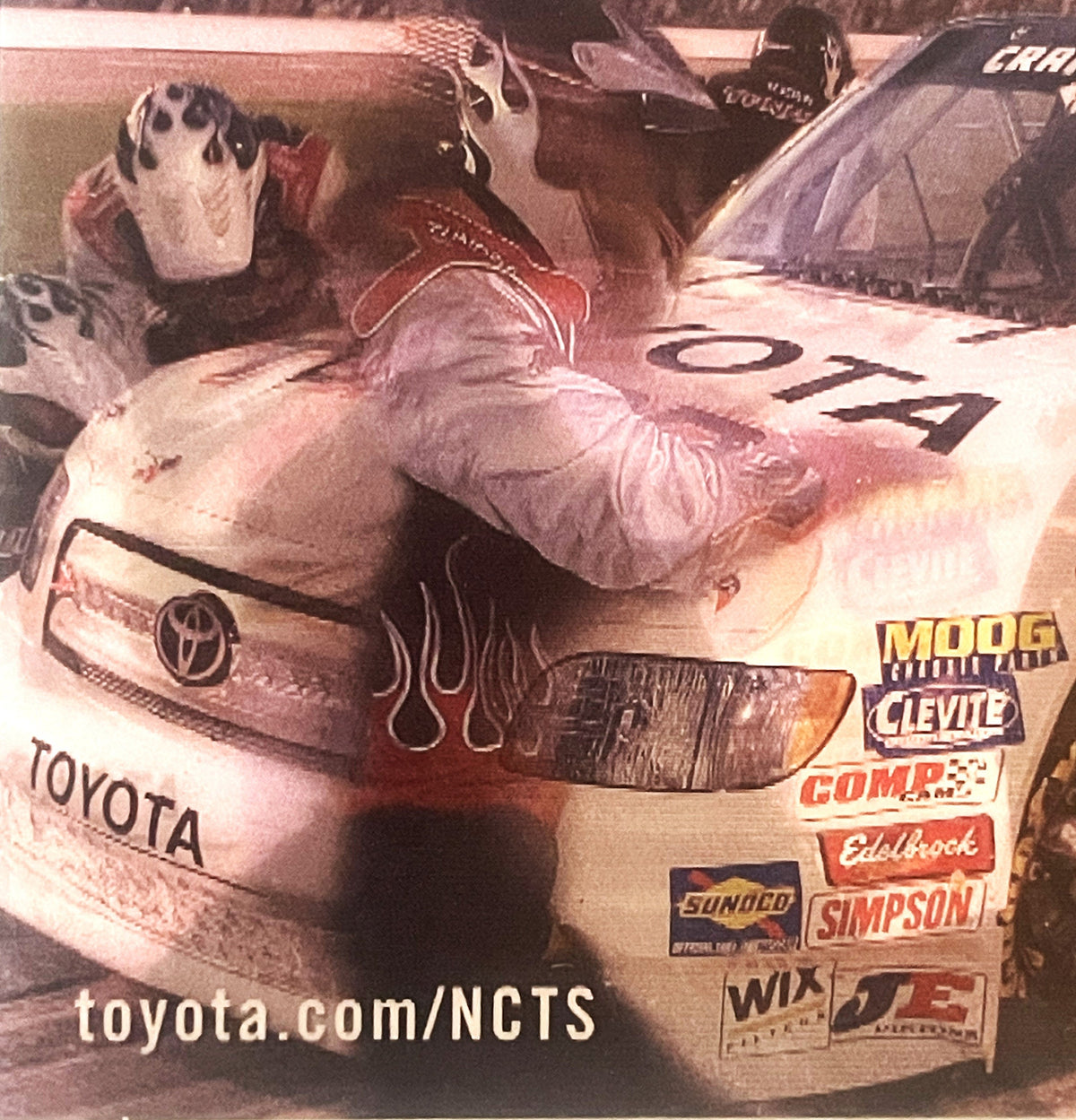 2005 NASCAR card featuring Toyota Tundra race truck with driver in white helmet, visible sponsor logos including Sunoco and S