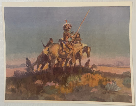 Vintage art print depicting Native American warriors on horseback with spears in desert landscape with sage brush, mounted on