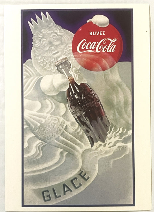 Vintage Coca-Cola postcard featuring an ice king figure holding a bottle, with "BUVEZ" and "GLACE" text visible on cream back