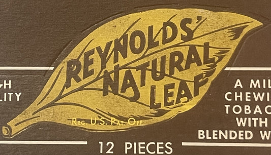 Vintage Reynolds' Natural Leaf chewing tobacco box with gold leaf design and text on brown background, showing 12 pieces prod