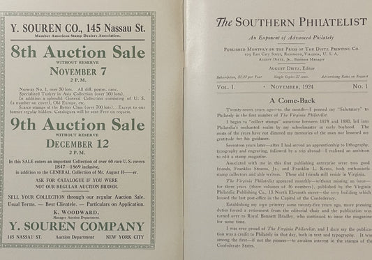 Two open pages from 1924 Southern Philatelist magazine showing auction notices and article text about stamp collecting histor