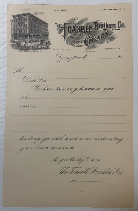 Cream-colored vintage letterhead from Frankle Brothers Co. cigar manufacturers, Youngstown Ohio, featuring ornate company log
