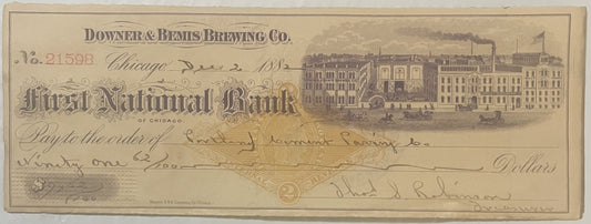 Antique bank check from Downer & Bemis Brewing Co., Chicago, dated 1882, with ornate engraving and cityscape vignette, handwr