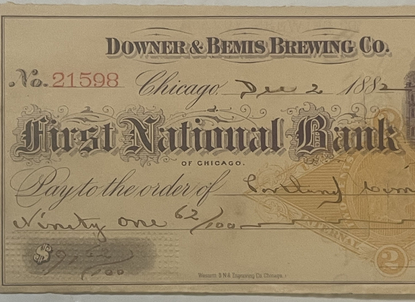 Antique bank check from Downer & Bemis Brewing Co., Chicago, dated 1882, printed on aged tan paper with ornate Gothic letteri