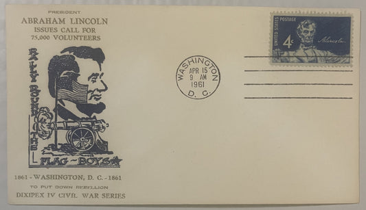 Cream-colored envelope with Lincoln profile illustration, postmark dated April 15, 1961, and 4-cent Lincoln stamp, commemorat