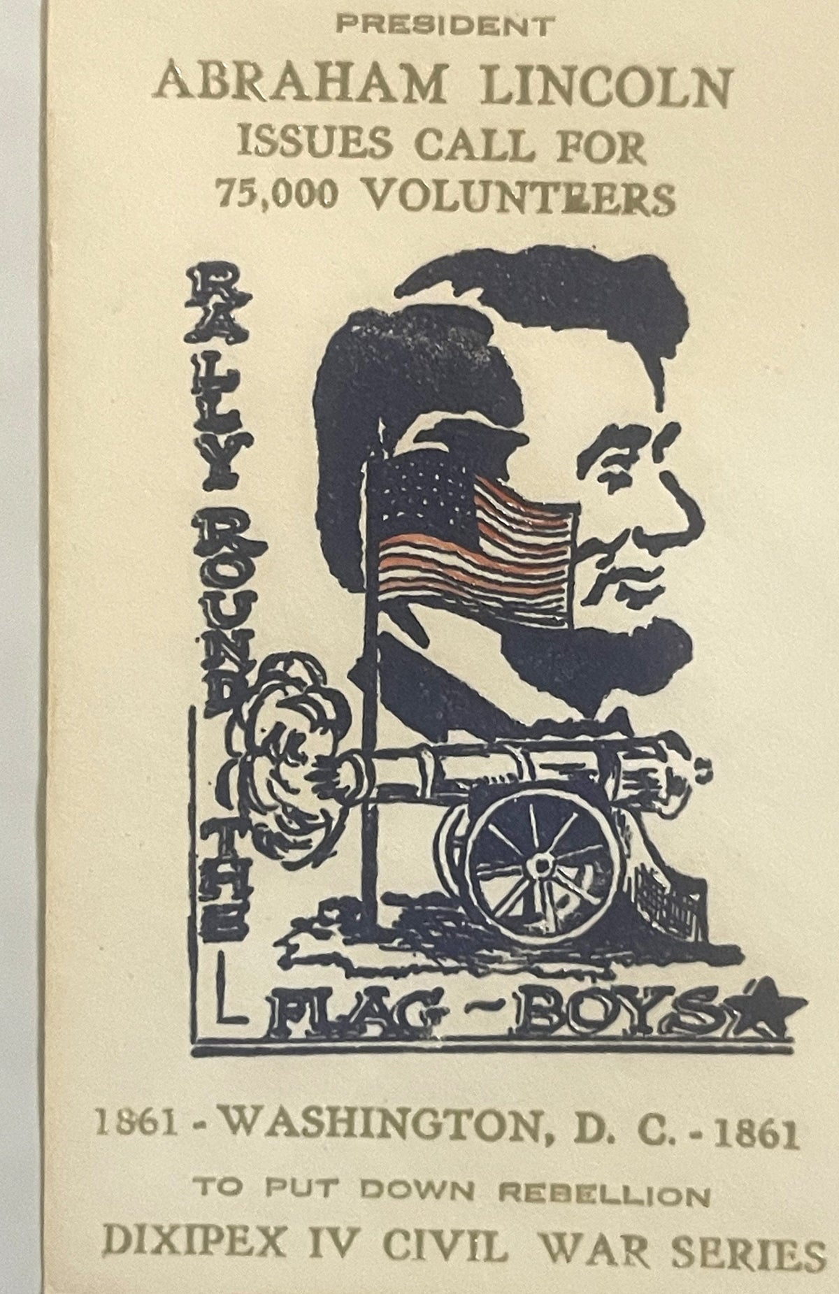 Cream-colored envelope with black embossed illustration of Lincoln's profile, American flag, and cannon, with text reading "P