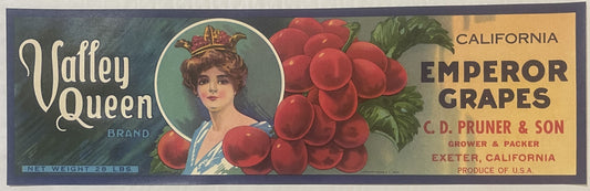 Vintage fruit crate label featuring a crowned woman's portrait, large red grapes, and text reading "Valley Queen Brand" and "