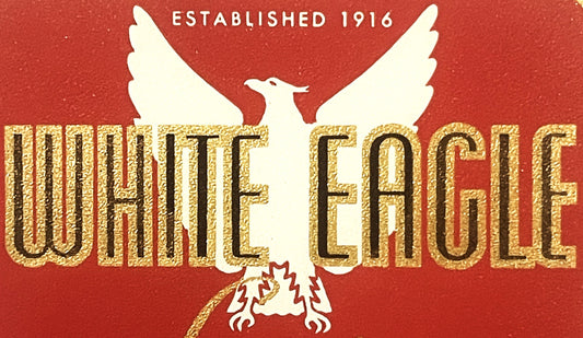 Red beverage label with white eagle and gold embossed text reading "White Eagle," established 1916, featuring a two-headed ea
