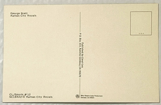 Back of vintage postcard featuring George Brett Kansas City Royals with printed text, PO Box address, and copyright informati