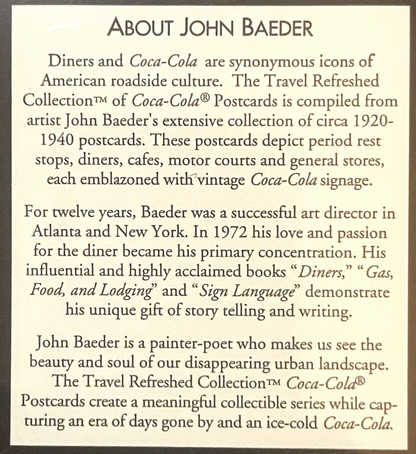 Cream-colored text page titled "About John Baeder" describing the artist and Coca-Cola postcard collection, printed on beige