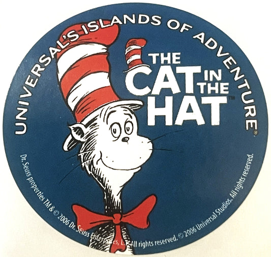 Circular sticker featuring Cat in the Hat character with red and white striped hat on blue background, text reading "Universa