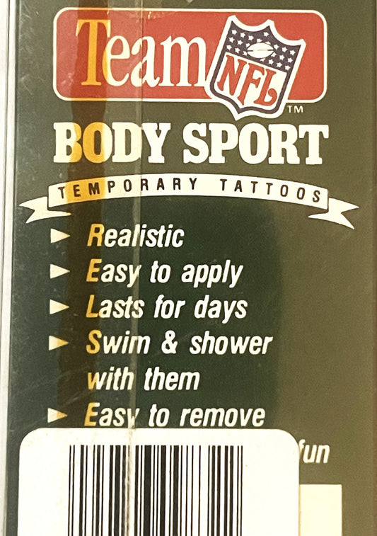 Vintage Team NFL Body Sport temporary tattoos package front showing product features in gold and white text on dark backgroun
