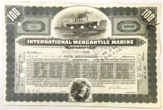 Ornate stock certificate for International Mercantile Marine Company featuring steamship illustration, with green