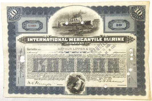 Antique stock certificate for International Mercantile Marine Company, blue and white, featuring steamship imagery and orname