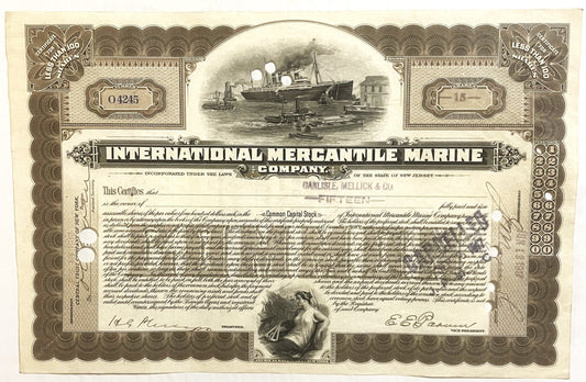 Brown and cream stock certificate for International Mercantile Marine Company featuring an engraved steamship, ornate borders