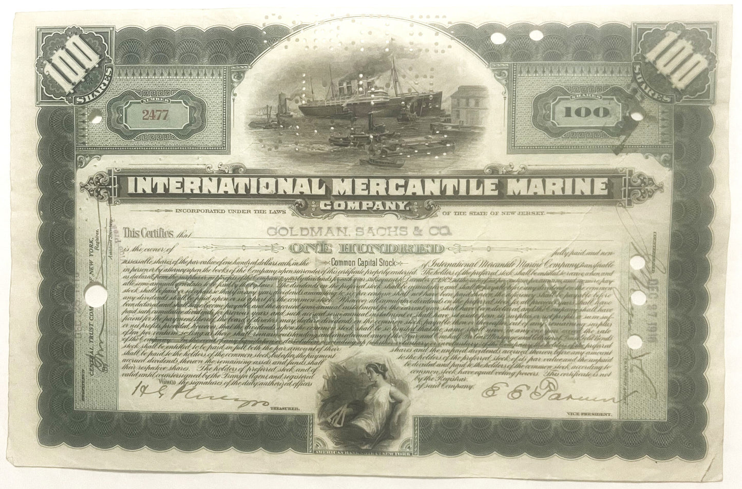 Antique stock certificate for International Mercantile Marine Company, featuring steamship vignette, green and cream colors,