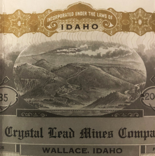 Sepia-toned stock certificate header showing mountainous landscape with "Incorporated Under the Laws of Idaho" text and "Crys